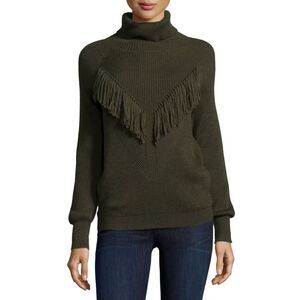 Haute Hippie Womens Green Turtleneck Fringe Merino Wool Ribbed Sweater Size‎ XS